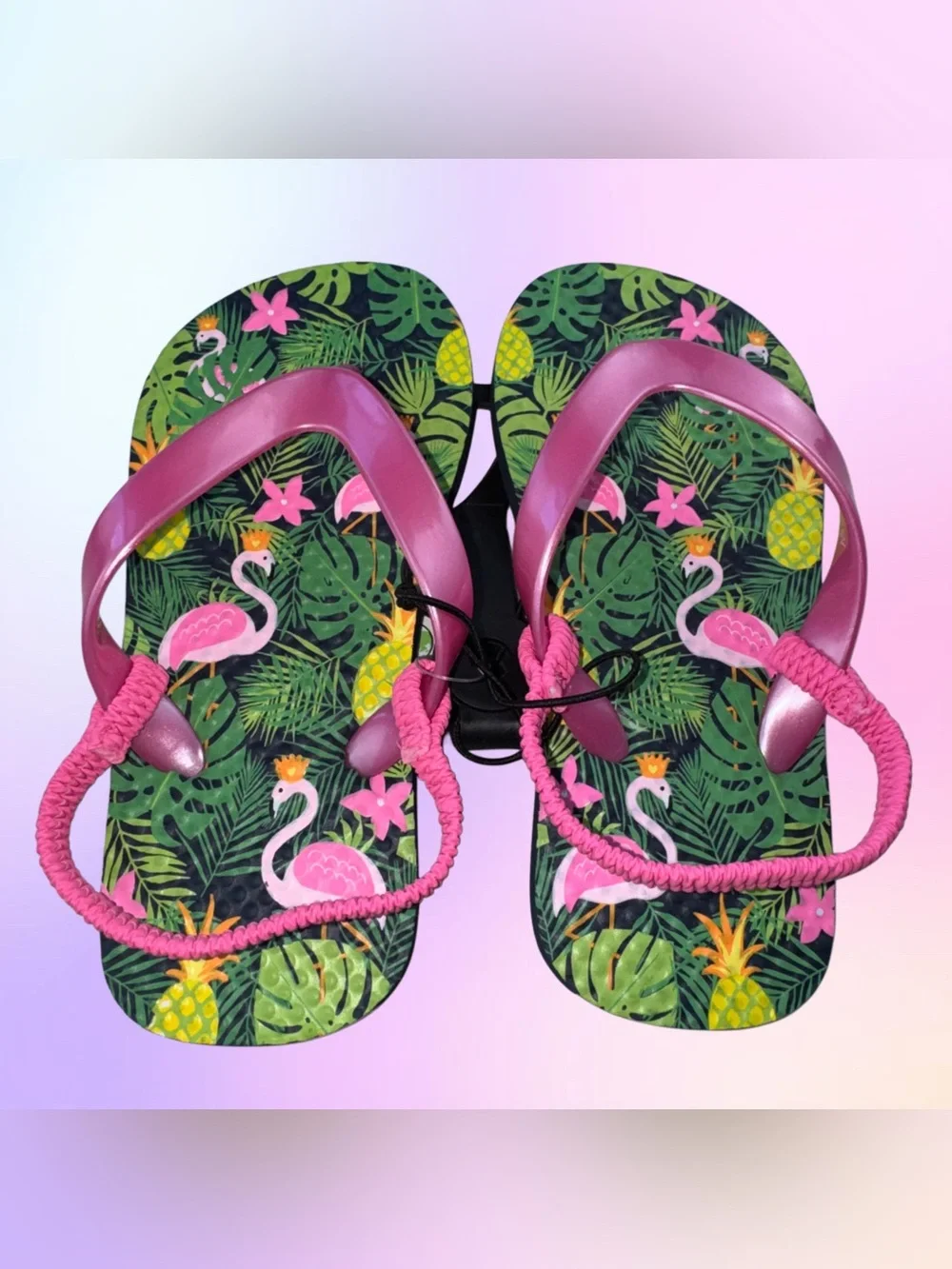 Wonder Nation Girls Flip Flops With Heel Strap Tropical Flamingo 7/8 Or 9/10